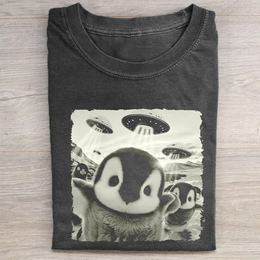 Emperor penguin pups Taking Selfie with UFOs Funny T-Shirt